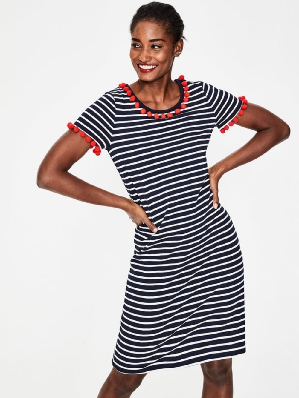 Boden Women’s Bridget‎ Jersey Striped Pom Pom Dress Size US 8L